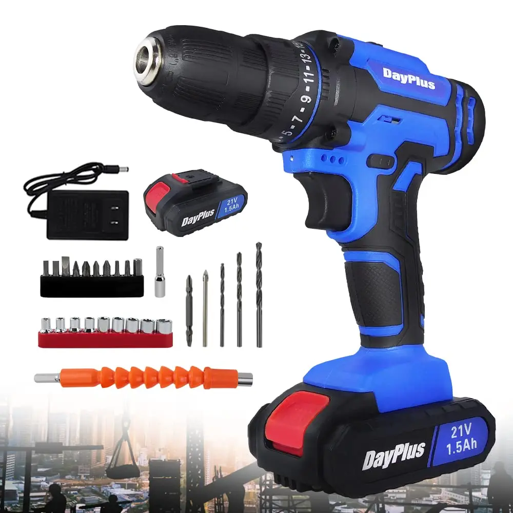 Cordless electric drill bit driver set, with 1 battery and charger, keyless chuck, 2 variable speeds, 400 pound torque