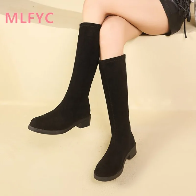 Suede long boots for women in autumn and winter retro elastic boots ladies slim and tall boots