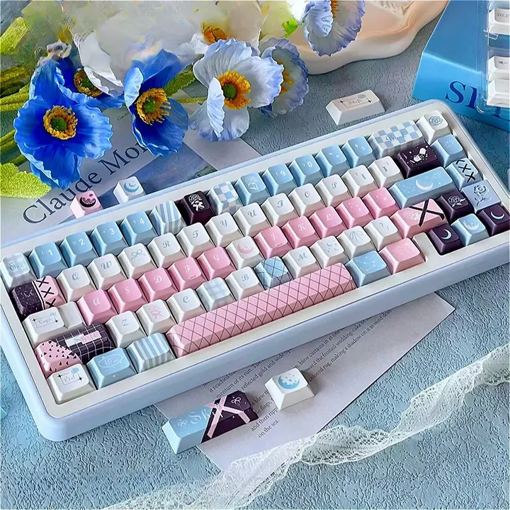 Rose Under The Moon Cherry Keycaps PBT 128 Keys Girls Personalized Gradient Color for 60/64/84/98/108 Mechanical Keyboards