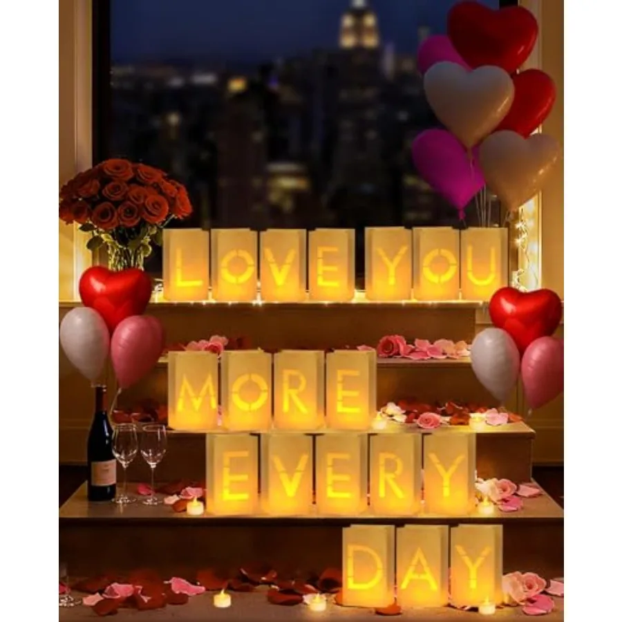 Romantic Anniversary Decorations Set - 19 Pcs Luminary Bags with 40 LED Tea Lights, 2000 Rose Petals and 6 Heart Balloons - Lig