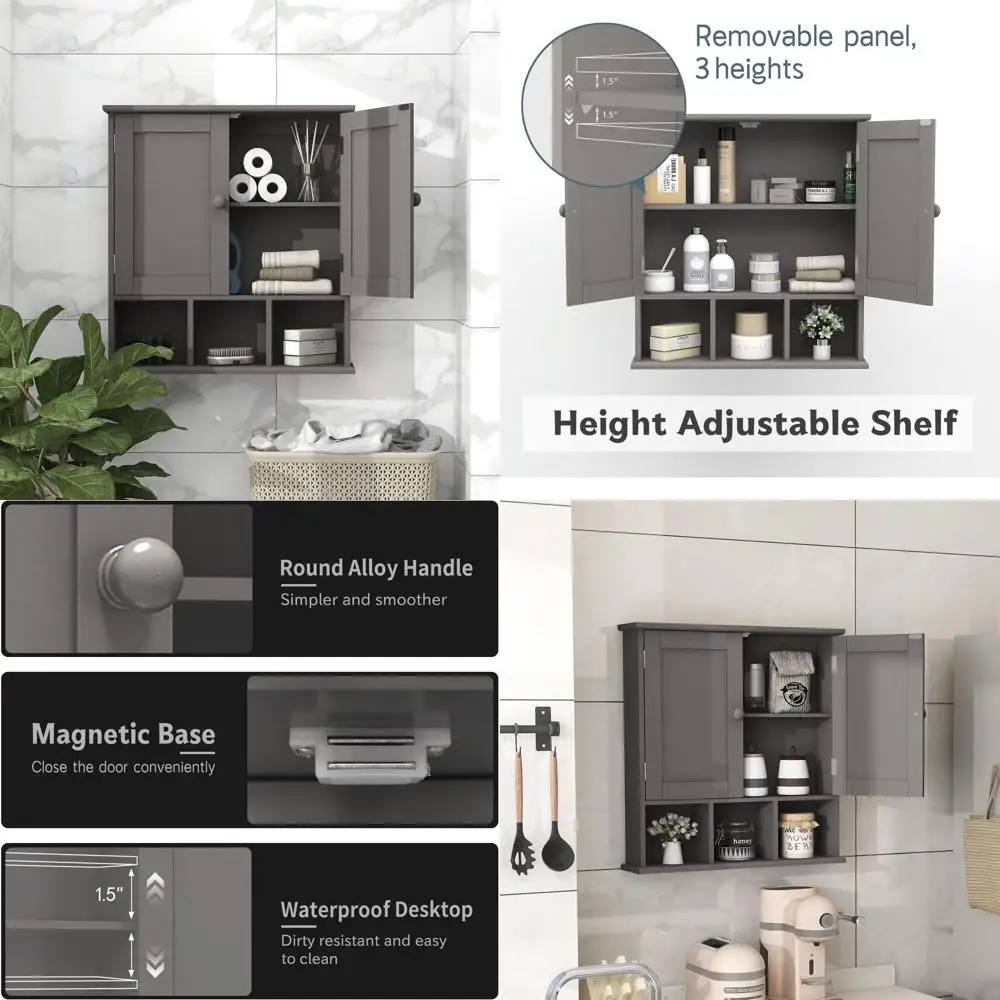 

Wall-Mounted Grey Bathroom Cabinet with 2-Door Adjustable Shelves for Over Toilet Storage and Medicine Use