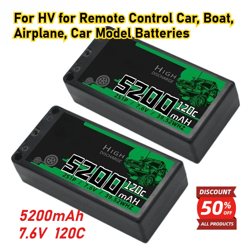 

5200mAh 2S 7.6V 120C Toys LiPo Battery Rechargeable for HV for Remote Control Car, Boat, Airplane, Car Model Batteries