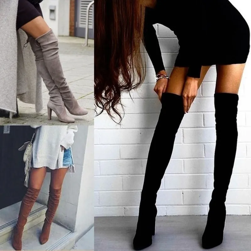 2023 Winter Over The Knee Women Boots Stretch Fabrics High Heel Slip on Shoes Pointed Toe Woman Long Boots Size 34-43 Feminino