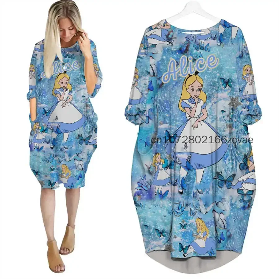 

2024 New Disney Princess Batwing Pocket Dress 3D Printed New Disney Oversize Fashion Street Dress Long Sleeves Sleeping Dress