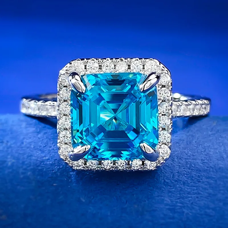 

2023 New S925 Silver 8 * 8 Sea Blue Diamond Ring Daily Fashion Simple Style