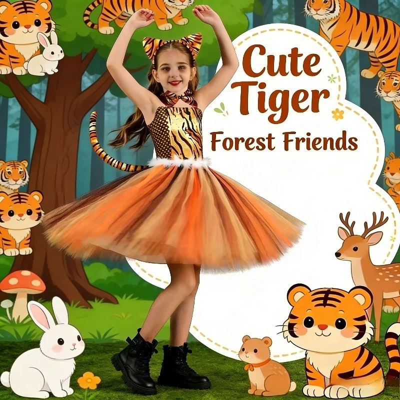 

Cute Tiger Themed Tutu Dress Children Jungle Animal Role Play Costume Festival Party Stage Show Performance Dress Up Outfit