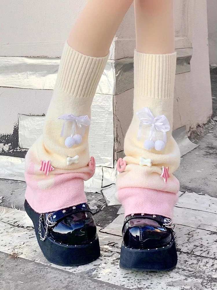 2025 Jacquard Japanese Lolita Knee High Sock Y2k Women Boot Cuffs Bow Decorative Flared Long Socks Foot Cover Grunge Leg Warmers