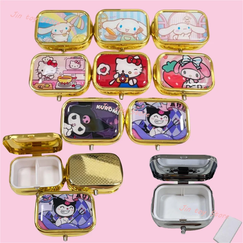 

Kawaii Hello Kitty Sanrios Medicine Box Pill Case Cinnamoroll Kuromi My Melody Mini Storage Box Portable Jewelry Box Pill Box