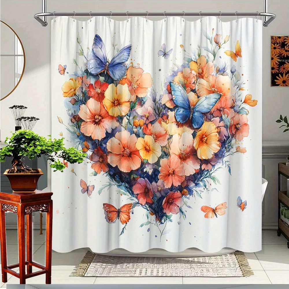 

1pc Valentine'S Day Floral Heart Shower Curtain with Colorful Butterflies - Polyester Fabric Bathroom Decor, 70. 8x70. 8 Inches,
