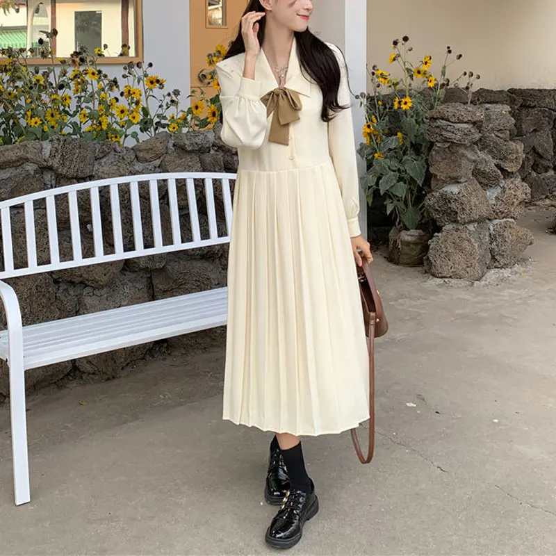 Preppy Style Polo-Neck Dresses Spring Autumn New Loose Elegant A-Line Female Clothing Commute Stylish Pleated Spliced Midi Dress