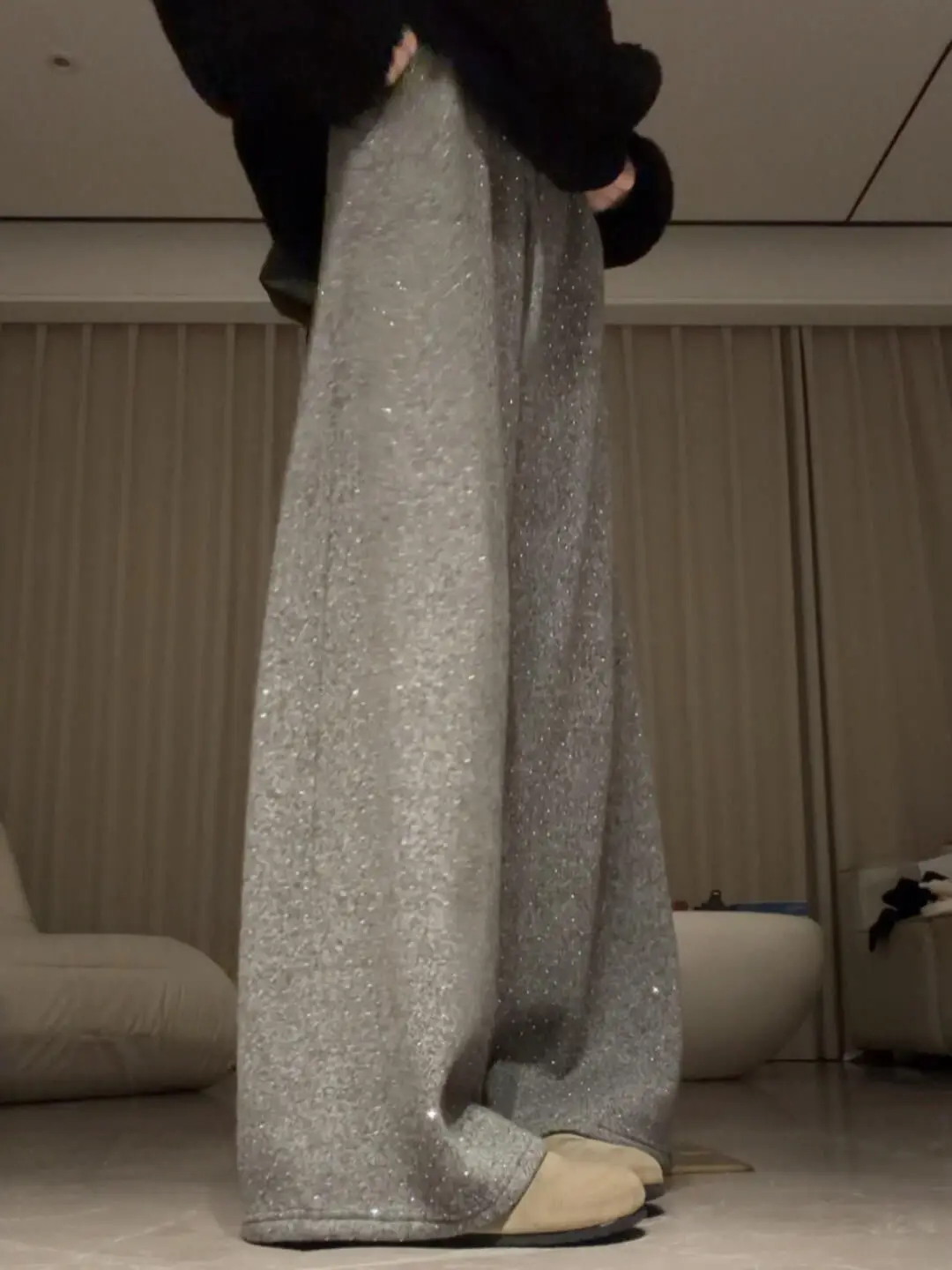 

iny Sequin Wide Leg Pants Women's High Waist Slimming Small Size Fce Lined Knife Sports Trousers Autumn Winter New ...