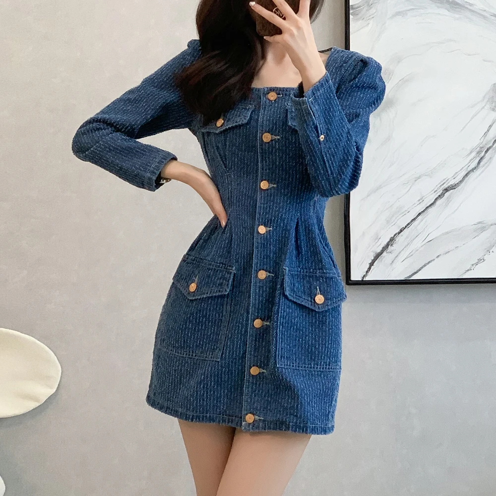 

Elegant Straight H Shaped Mini Dress Female Square Collar Long Sleeve Slim Waist Denim Dresses Women Spring Summer Vintage Dress