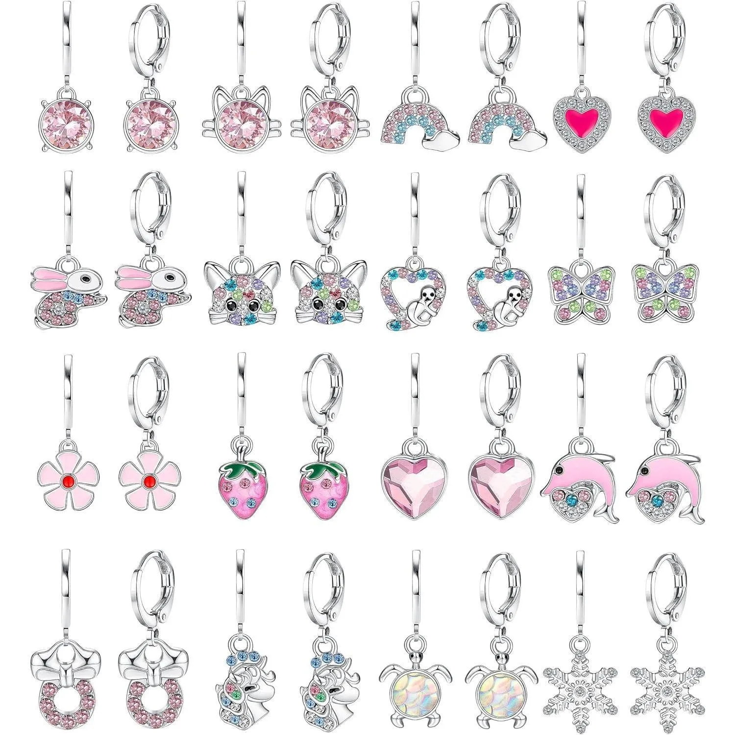16-Pair Hypoallergenic Ear Stack Earrings Set, 316L Surgical Stainless Steel 10mm Leverback Dangle Huggie Hoops with Animal Motifs for Women’s Sensitive Ears, Summer Fashion Accessories