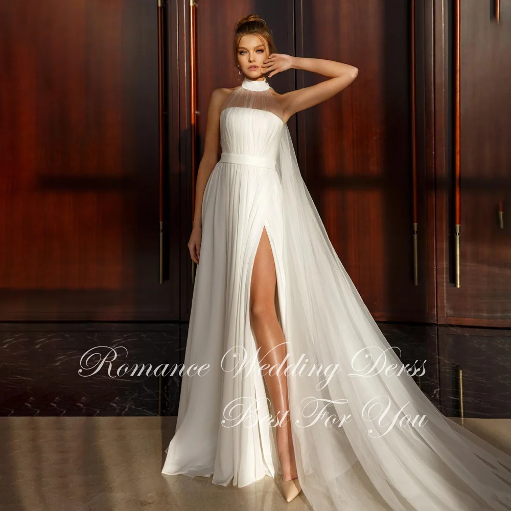 Modernes Brautkleid mit hohem Kragen und hohem Seitenschlitz, A-Linie, 2026, ärmellos, mit Falten, offener Rücken, Brautkleid, Vestidos de Novia, individuell gestaltet