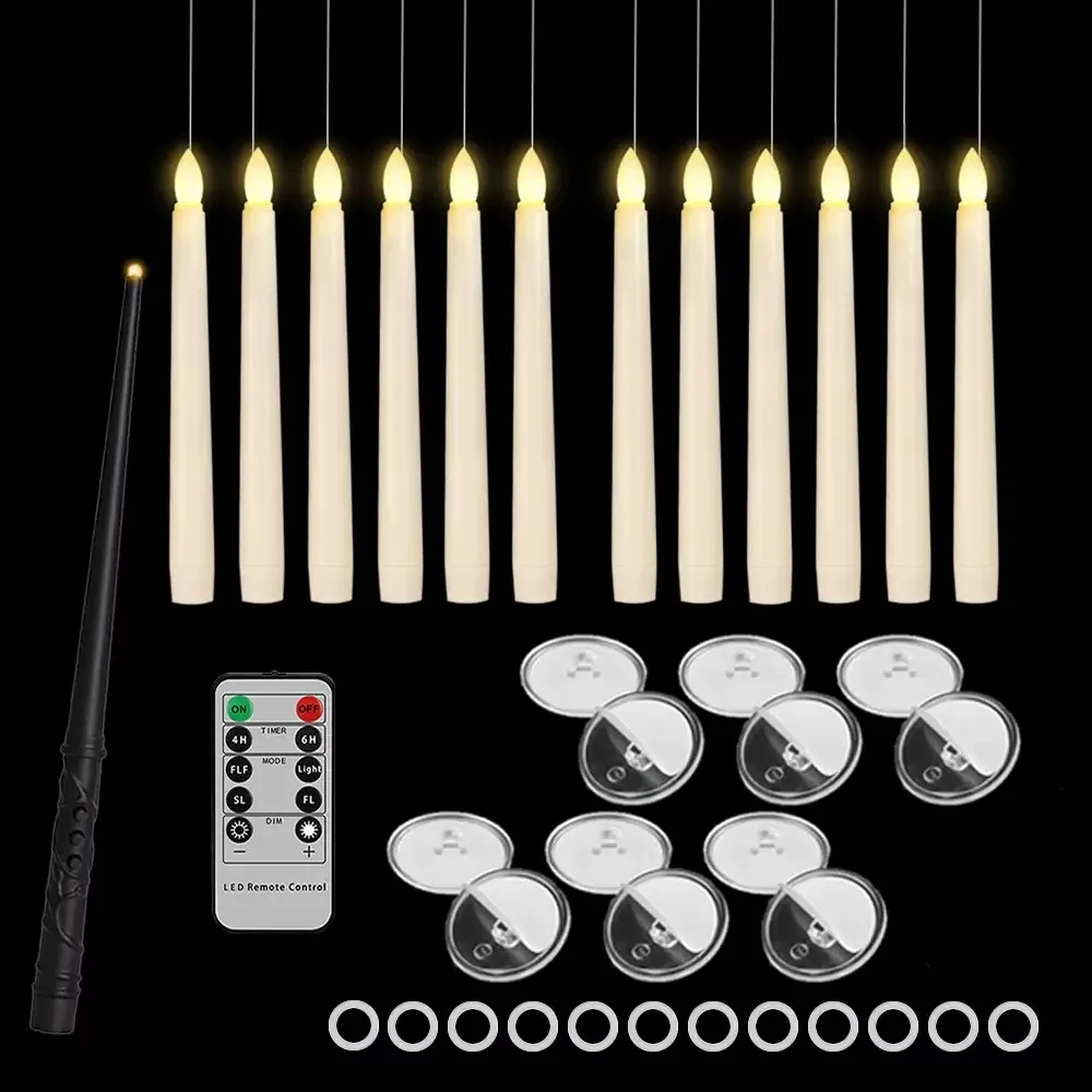 Flameless Floating LED Candles with Wand Remote Magic Hanging Candle Flickering Battery operated Halloween Taper Candle light