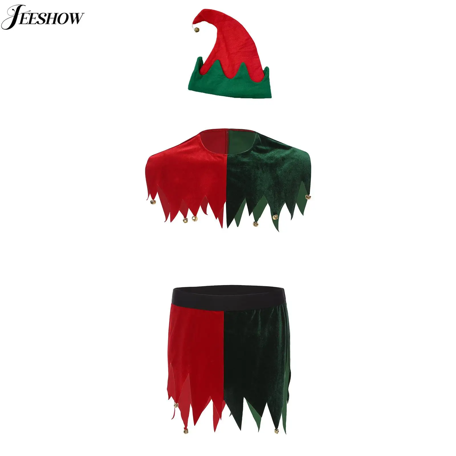 Fantasia de elfo de natal masculina, conjunto de roupa íntima, bloco de cores, gola de sinos irregulares com bainha irregular, saia e chapéus, roupas de cosplay de natal