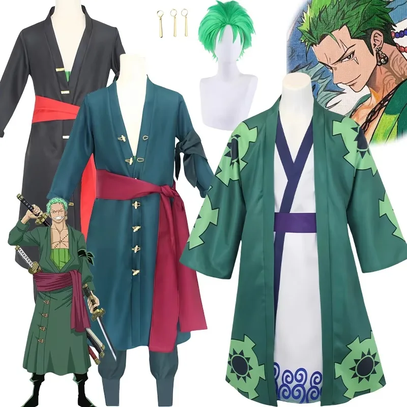 Disfraz de Cosplay de Bilibili Roronoa Zoro, disfraz de Anime Zoro, capa tipo kimono, uniforme, pendientes, peluca, ropa de Halloween para hombres