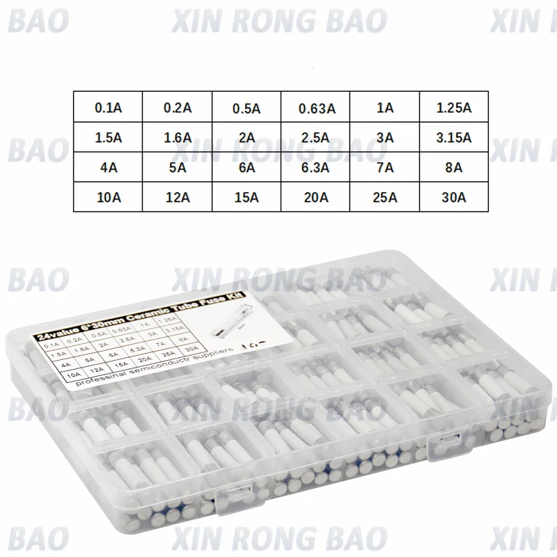 240Pcs 24Value 6*30mm Fast Blow Ceramic Fuse Box kit 250V 0.1A 0.2A 0.5A 1A 1.5A 2A 3A 3.15A 4A 5A 6A 7A 8A 10A 15A 16A 20A 30A