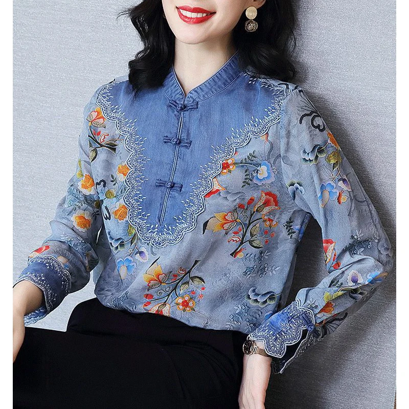 Vintage Embroidery Floral Print Chinese Style Elegant Shirts Women\'s Fashion Stand Collar Long Sleeve Top Blouse Clothing Blusas