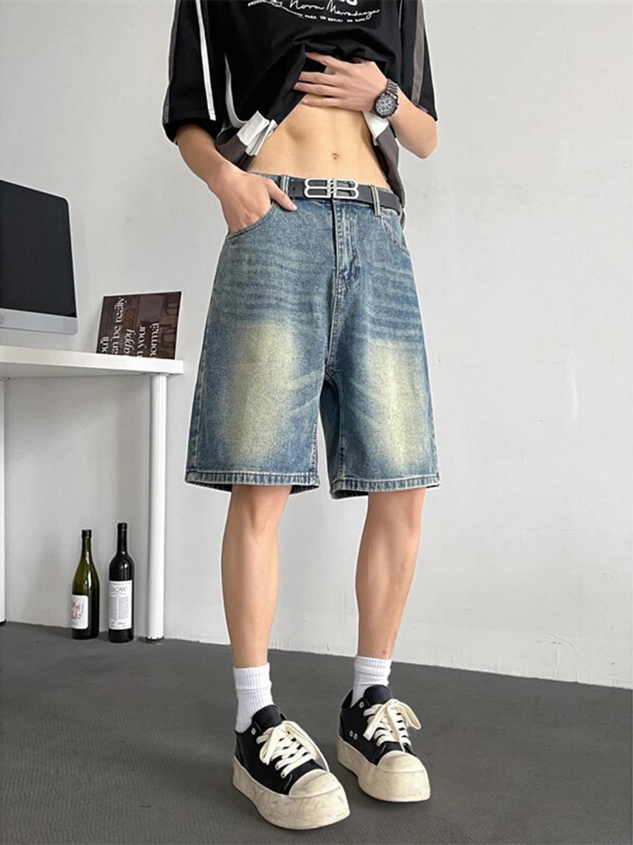 

Blue Waed Denim orts Men's Summer Casual Straight Leg Five-Point Middle Waist Pants Loose Fit High Street Vibe orts