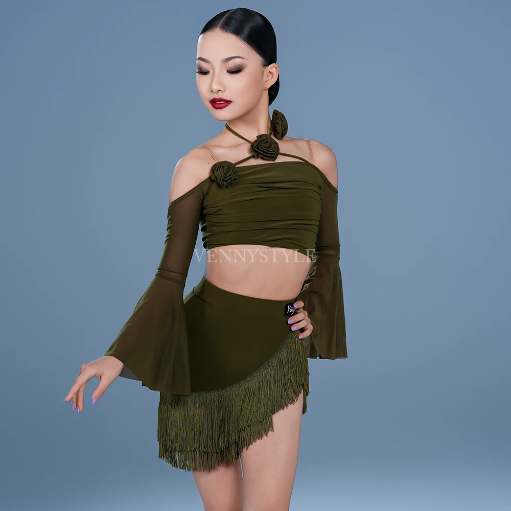 

Vennystyle Latin dance costume girls' floral lace mesh bell sleeve dress: spaghetti strap fringe skirt set for Latin practice