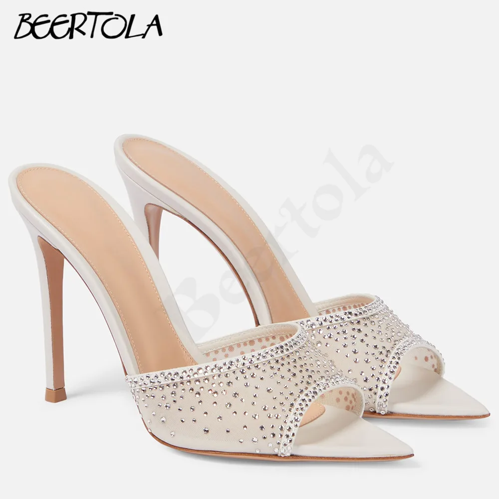 Women's Crystal Pointed Slippers Rhinestone Stiletto Open-Toed Fish Mouth Shoes Niche Design Large Size Sexy Breathable Sandals