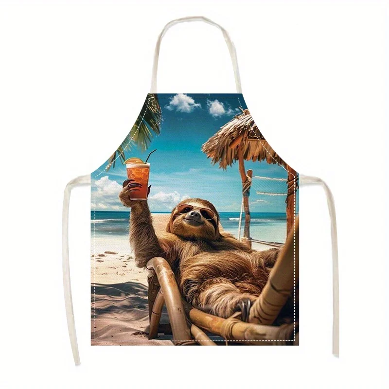 1pc Linen Apron Relaxing Sloth on Beach with Drink Tropical Vacation Vibe Kitchen Gift for Animal Lover Home Decor