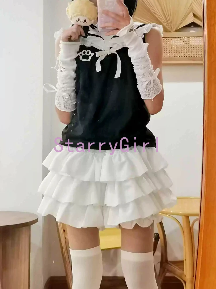 اليابانية الحلو القط طباعة Kawaii بلايز المرأة مقوس دانتيل المرقعة موضة بلوزة ضئيلة تصميم جديد البحرية طوق بلا أكمام قميص جذاب