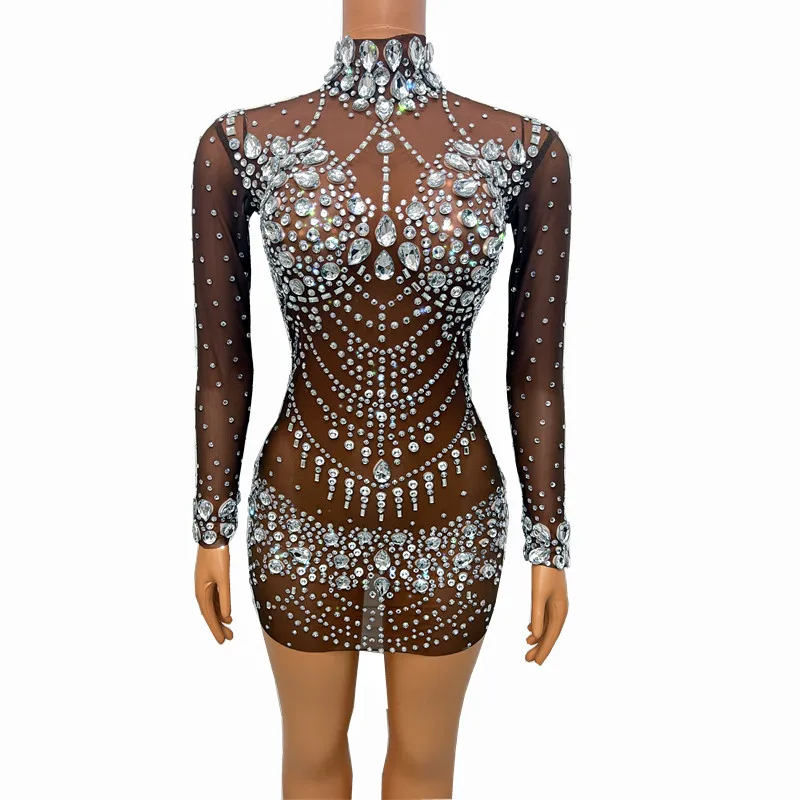 Silver Crystals Rhinestones Sexy Brown Long Sleeve Dresses  Dancer Stretch Stage Costume Outfit Evening Prom Party Collection