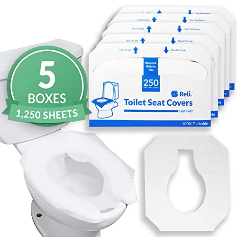 

Reli. Toilet Seat Covers 1250 Pcs 5 Packs of 250 Disposable Toilet Seat Cover - Flushable - 14x16 (Half-Fold) Paper Liners for