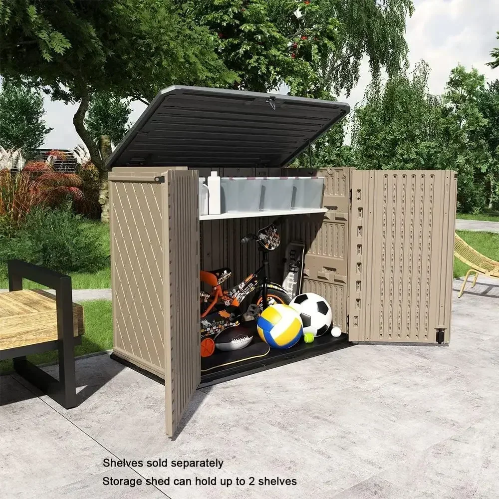 Weatherproof Horizontal Storage Shed for Garden, Patio, Backyard - Multi-Opening Door for Tools, Lawn Mower, 26 Cubic Feet, Brow