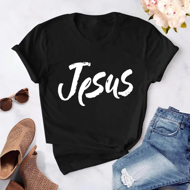 Summer Letter T Shirt Women Printed Jesus Name Above All Names Short Sleeve Leisure Top Tee Casual Ladies Female Black T Shirts