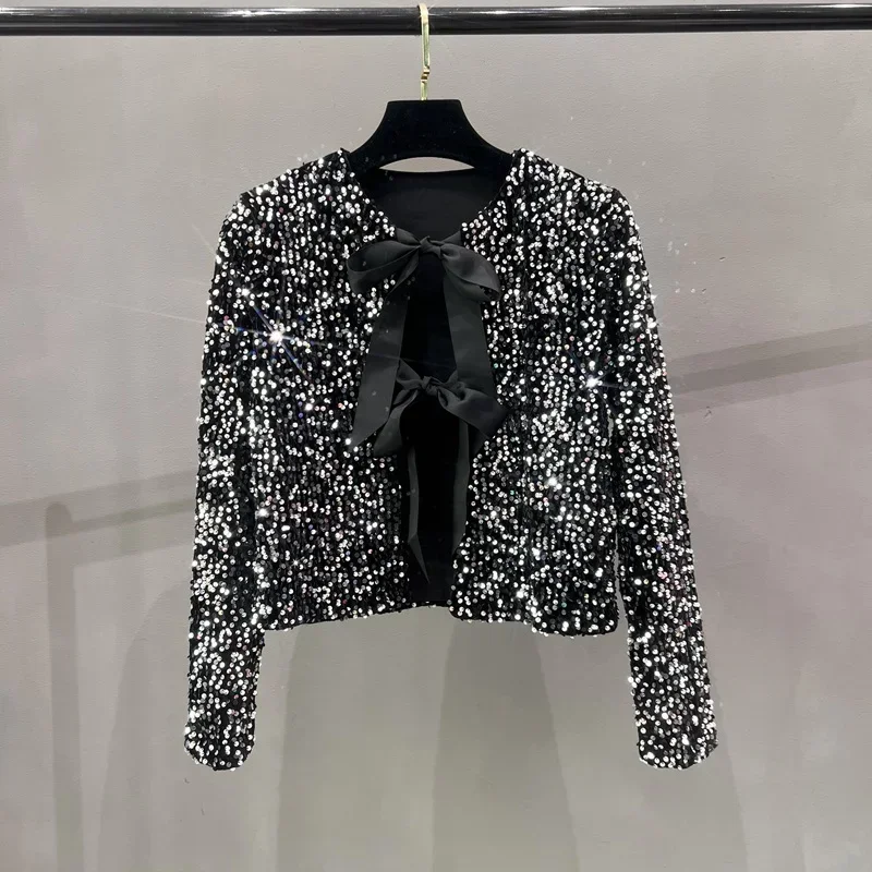 European and American Style Chic Sequined Small Suit, Light and Mature Style BINGBING Sequined Lace-up Bow Top Jacket