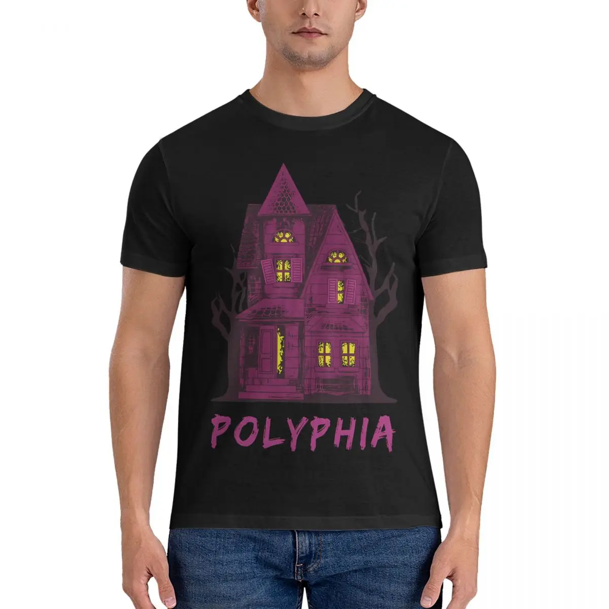 Merch Band With Some Scary Haunted House T Shirts for Men Pure Cotton Novelty T-Shirt Crewneck Polyphia Tee Shirt Short Sleeve