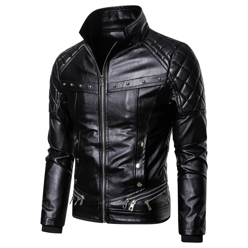 แจ็คเก็ตหนัง leather jacket men แจ็กเก็ตหนังขี่มอเตอร์ไซค์สำหรับผู้ชายเสื้อคลุมทหารสีแดงดีไซน์หมุดย้ำสไตล์วินเทจหนังสังเคราะห์ขนแกะสำหรับฤดูหนาวสไตล์พังค์