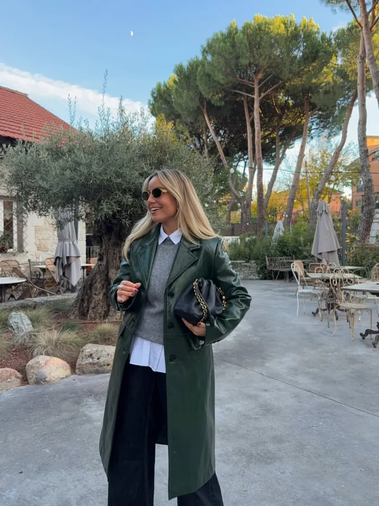 クラシックな無地ロングレザージャケット、シックなシングルブレスト、フルスリーブ、ラペルコート、春のエレガントなデイリー通勤ストリートコート、2026年新作