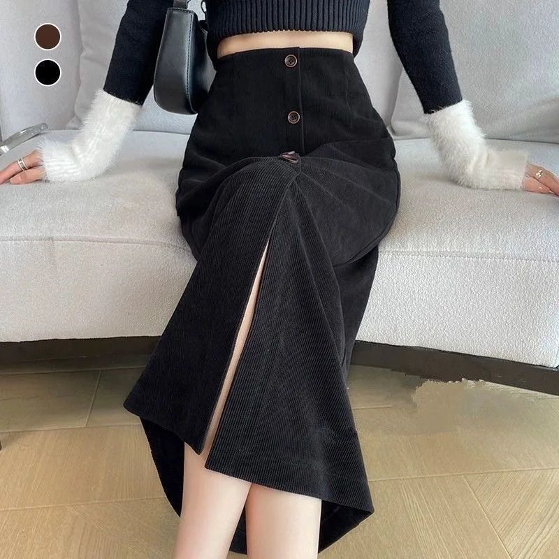 

Corduroy Pleated Skirt Women Winter High Waist A Line Bodycon One-Step Temperament Skirts Slit Vintage