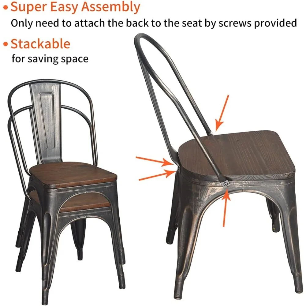 كراسي طعام معدنية، كراسي مطبخ مكدسة للمزرعة، مجموعة من 4 قطع من الذهب الأسود مع مقعد خشبي عالي الظهر لمطعم غرفة الطعام