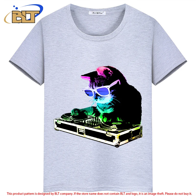 Camiseta con estampado de gatito de DJ para niños, tops casuales de manga corta para niños y niñas, arcoíris, Verano