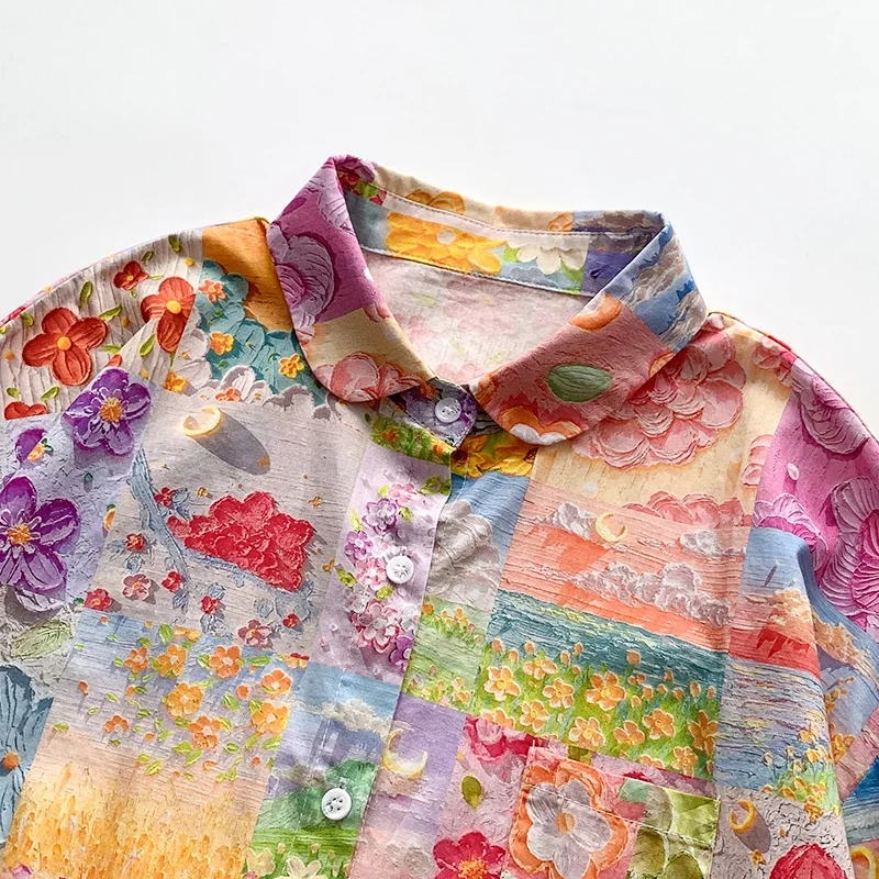 ربيع 2025 المرأة فضفاضة تناسب طويلة Sve القطن الخالص irt عادية خمر النفط اللوحة طباعة تنوعا ملابس مكتب مريحة