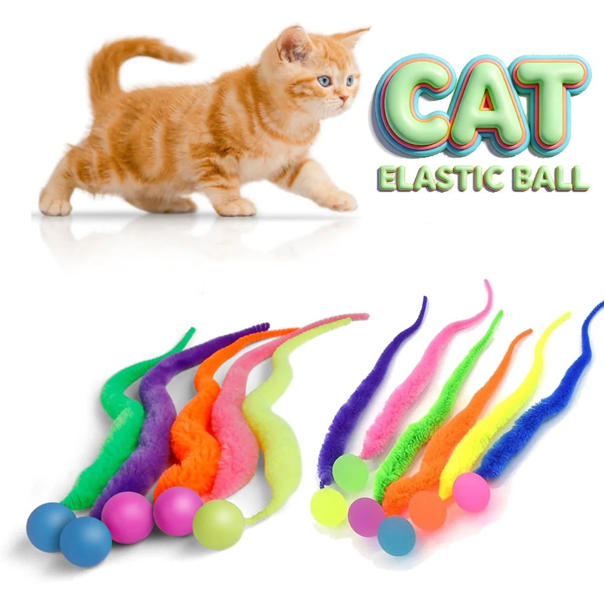 

5 Pcs Cat Interactive Toys Cute Worm-Shaped Cat Elastic Ball Tail-equipped Cat Teasing Toy