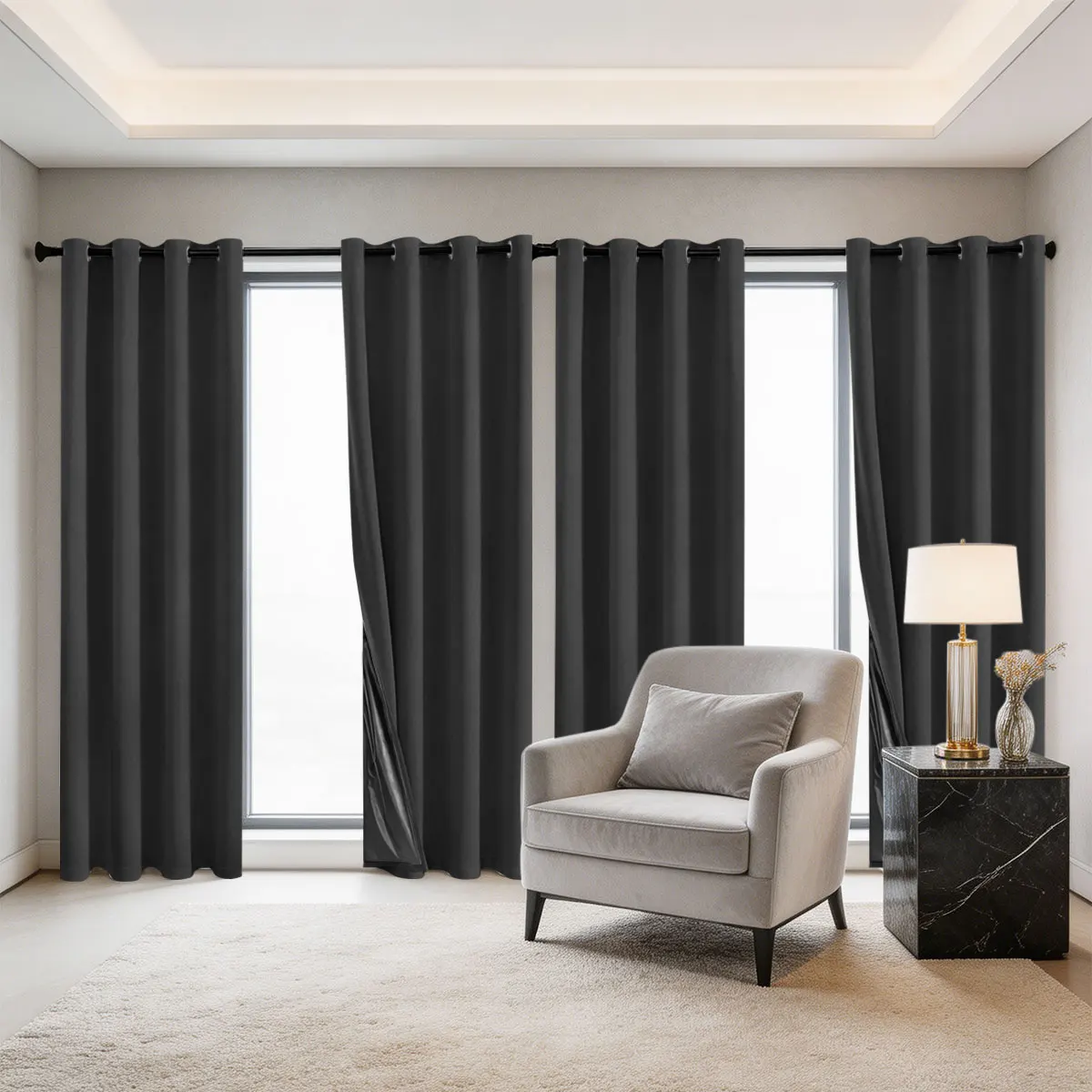 Black Grommet Light Blocking Curtains 4Pcs, Black Coated Solid Window Drapes for Bedroom Living Room Home Decoration