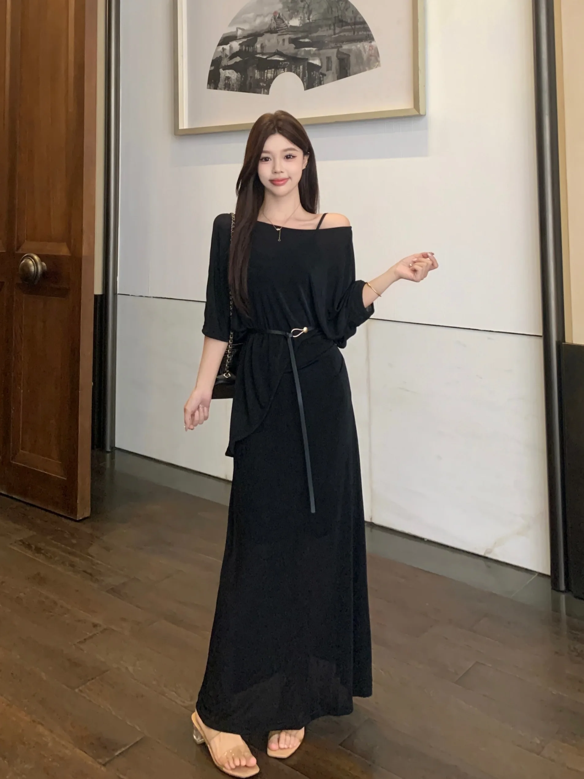 

Комплект из двух предметов: тонкий солнцезащитный топ и брюки с высокой талией для женщин больших размеров, летний, с поясом, для повседневной носки