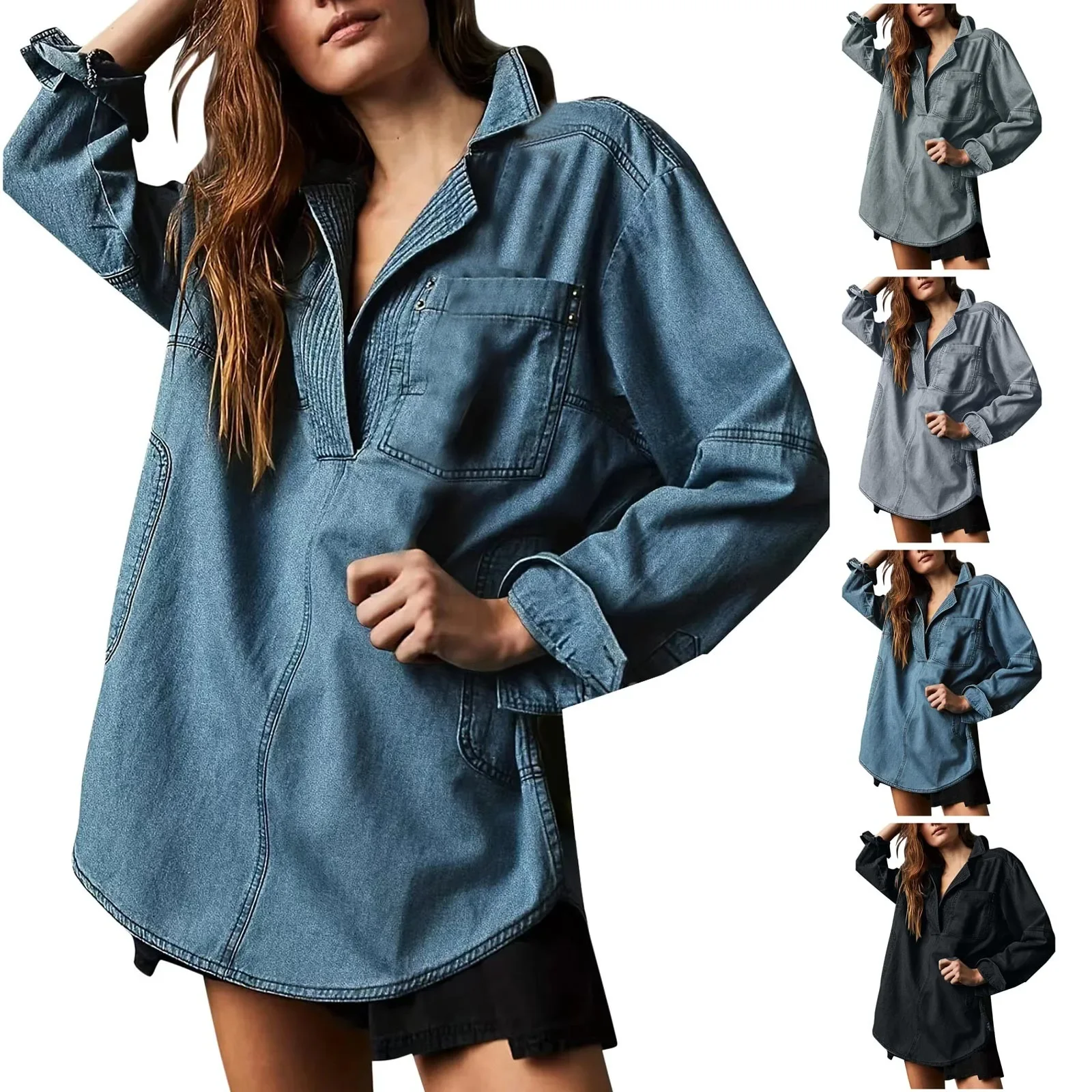 Women Y2k Style Vintage Jeans Hoodies Pullover Oversize Washed Denim Pullover Tops Turn-Down Collar Streetwear Sweatshirts