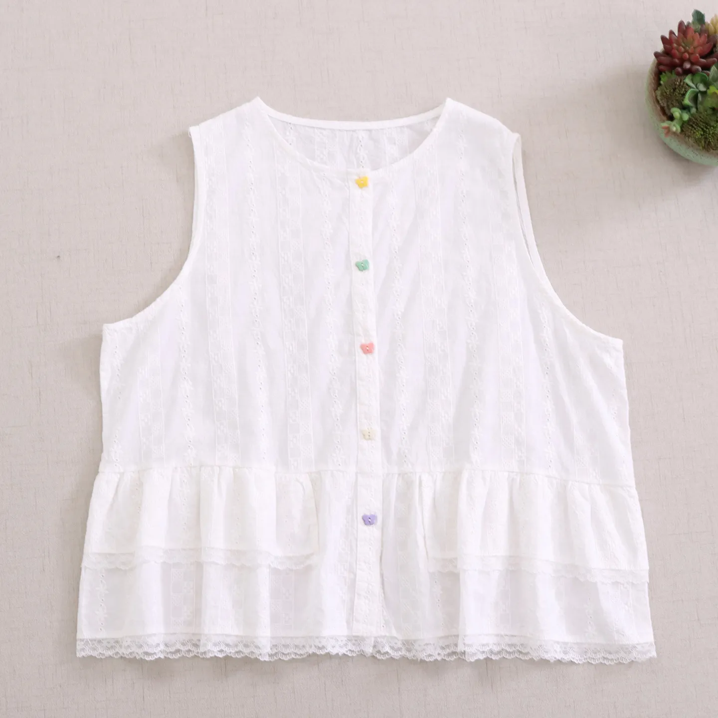 Japanese Sweet Mori Girl Butterfly Button Embroidery Cotton Tank Tops Women O-Neck Sleeveless Single Breasted Cute Vest Outwear