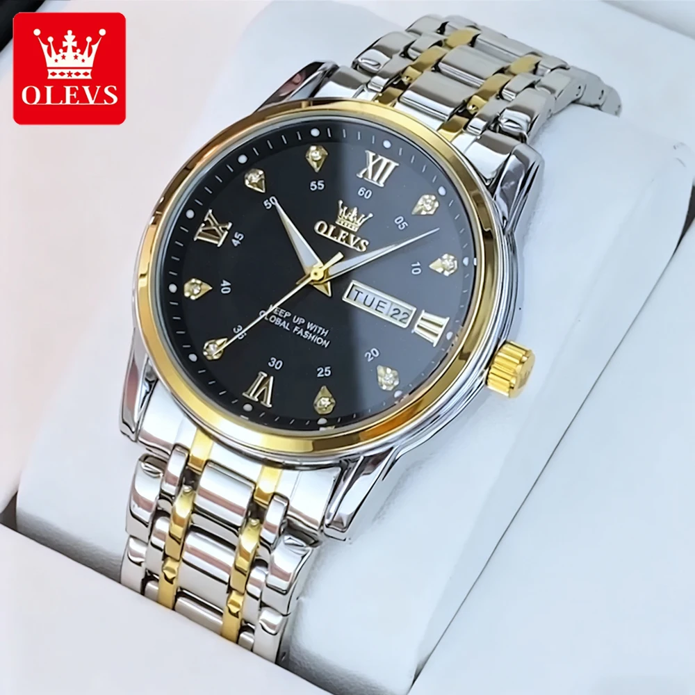 OLEVS Trend Fashion Couple Watches Fine Steel Original Brand Quartz Wristwatch for Lover Dual Scale Dial Waterproof Luminous New