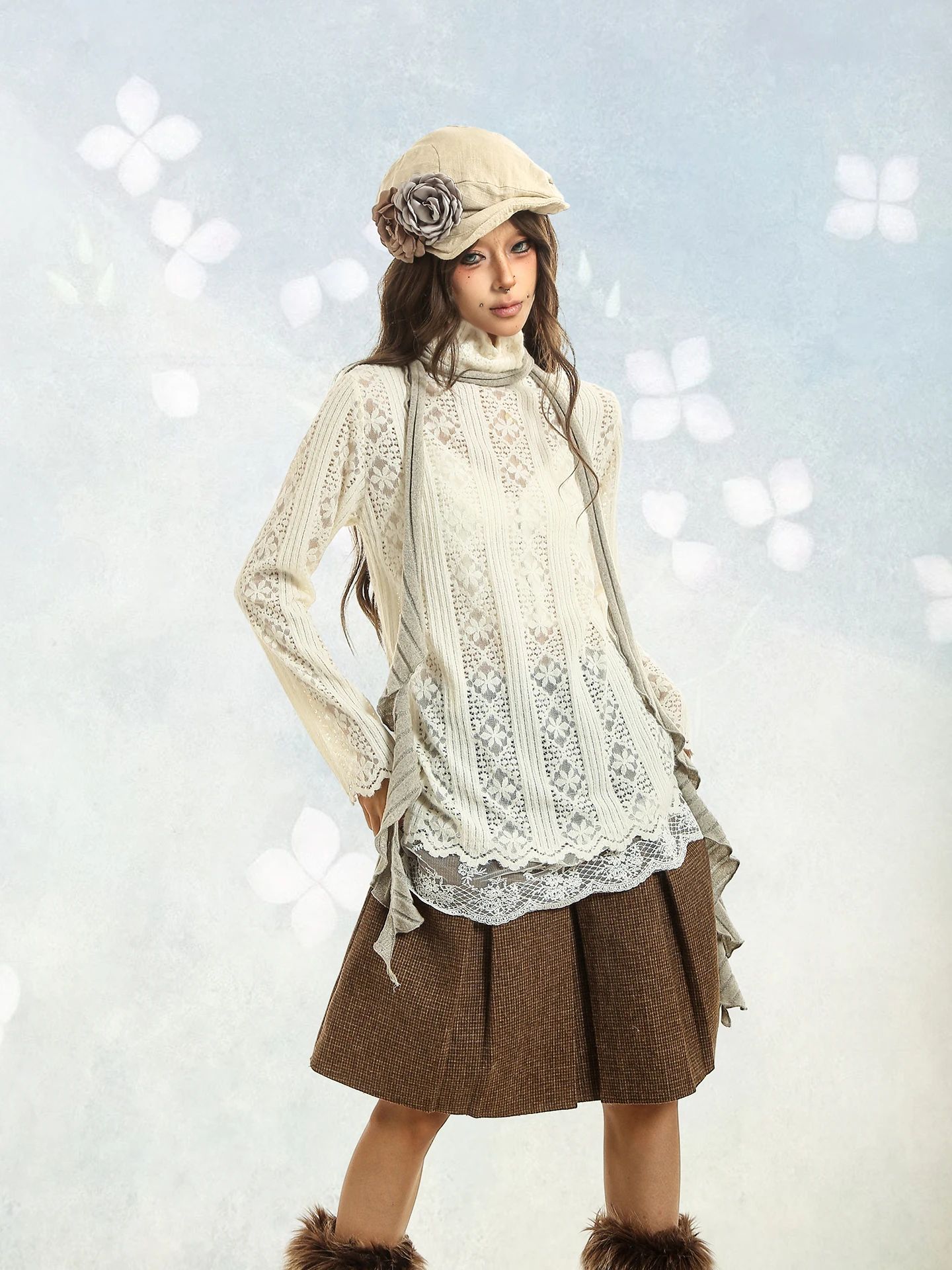 

Long Sve Lace Base irt Hollow out Bobbin Lace Women's White Trimmed Lace Top Knitted Winter Commute Sle Slim Fit Cotto...