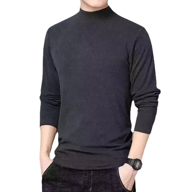 Double-sided Fleece Long-sleeved T-shirt with Half-high Collar for Men Lined with Extra Fleece Inner Layer Shirts Top