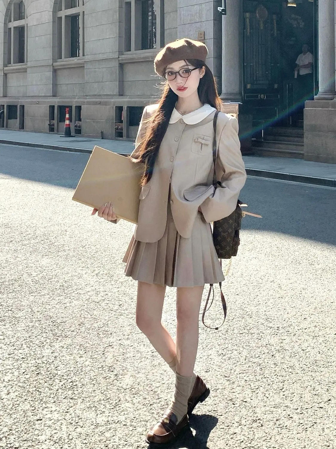 

Japan Light Khaki Preppy Style Suit Jacket + Lapel Vest Pleated Skirt Age-Reducing Two-Piece Set