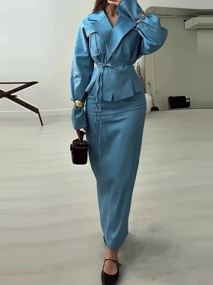 

Autumn New Women Solid Slim Two Piece Sets Temperament High Waist Commute Sets Casual Lapel Long Sleeve Shirts&Half Skirts Sets